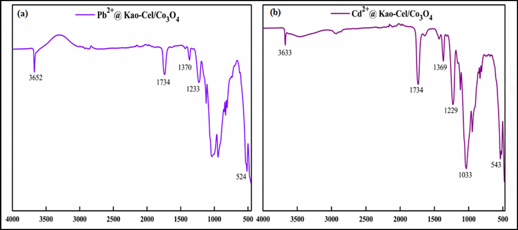 FTIR spectra of Pb2+ and Cd2+ loaded Kao-Cel/Co3O4 nanocomposite.