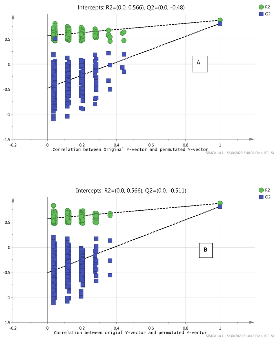 Permutation (500 times) tests for OPLS-DA model showing R2 (goodness of fit) and Q2 (predictive ability) values, A; Healthy, B; Fluorosis.