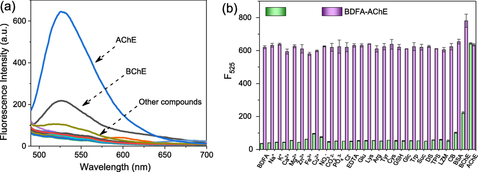 (a) Fluorescence spectra of BDFA (2 μM) and (b) its emission intensity at 525 nm in the coexistence of various compounds, including Na+ (1 mM), K+ (1 mM), Ca2+ (1 mM), Mg2+ (1 mM), Zn2+ (1 mM), Fe3+ (1 mM), Cu2+ (1 mM), NO3− (1 mM), CO32− (1 mM), PO43− (1 mM), Cl− (1 mM), EDTA (1 mM), Glu (1 mM), Lys (1 mM), Arg (1 mM), Tyr (1 mM), Cys (1 mM), GSH (1 mM), Trp (1 mM), GLC (1 mM), Suc (10 mM), DS (1 mg/mL), TPS (10 U/mL), LZM (10 U/mL), CB (10 U/mL), BSA (0.1 mg/mL), BChE (2.0 U/mL) and AChE (2.0 U/mL).