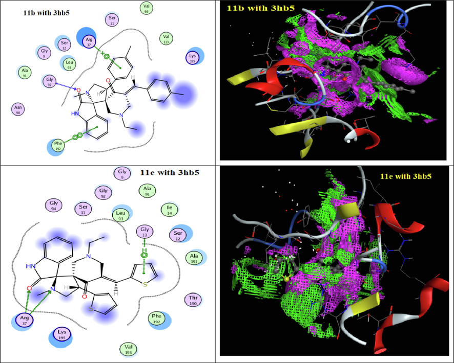 2D and contact performance of docked compounds 11b and 11e into the active site of 3hb5.