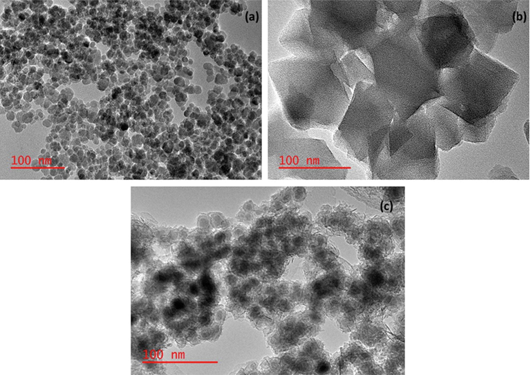 TEM images of (a) Fe3O4, (b) MIL-101(Cr), and (c)Fe3O4@MIL-101(Cr).