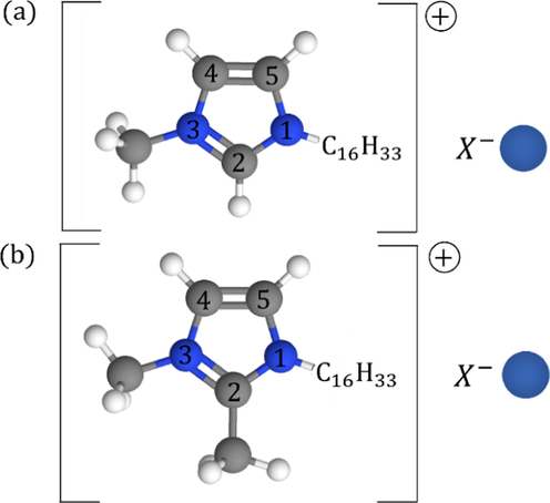 Chemical structure of: (a) [ C 16 M I M ] + and (b) [ C 16 M M I M ] + cations and the anions ( X - ) consists of B r - or C l - . The blue circle in cation ring indicates the nitrogen atom.