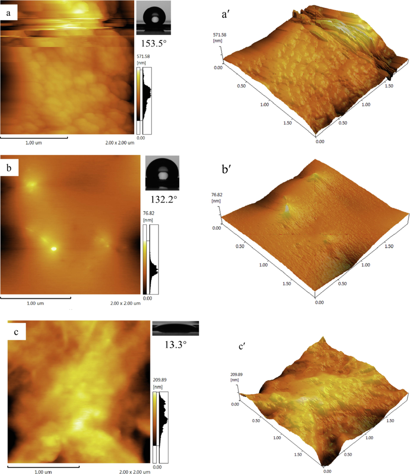 2D and 3D AFM images of (a/a′) PFOTMS-TEOS-CNF, (b/b′) PFOTMS-CNF and (c/c′) CNF.(Note: insets 153.5° and 132.2° contact angle test pictures are duplications of inset in Fig. 3 and Fig. 1 respectively.).