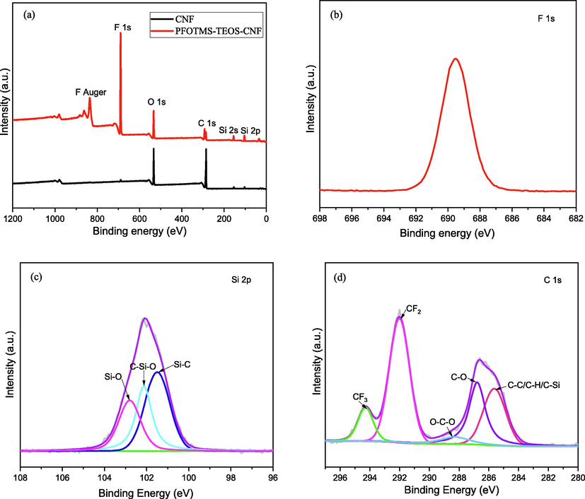 (a) XPS survey spectra of the prepared samples, high-resolution XPS spectra of (b) F 1s, (c) Si 2p and (d) C 1s.