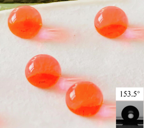 Image of superhydrophobicity and contact angle test of PFOTMS-TEOS-CNF. (Note: inset 153.5° contact angle test picture is a duplication of inset in Fig. 3.).