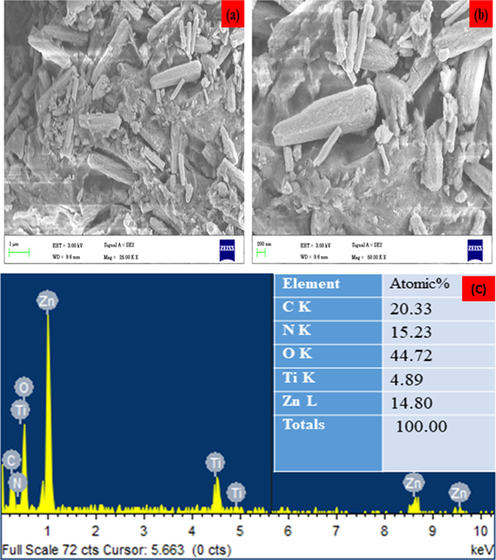 SEM micrographics of the ZnO-TiO2-Chitosan-Amygdalin nanocomposites: Lower magnification of surface (a), Lower magnification of surface (b), elements, weight %, and atomic % of the composition obtained by EDX (c).