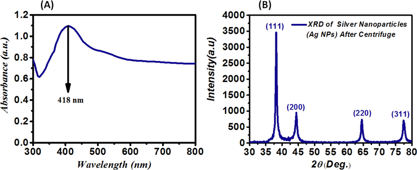 (A)- Absorption spectrum of AgNPs with 0.05 M AgNO3 at 23 ± 1 °C (fabrication temperature) and the sucrose as a reductant with a maximum absorption (wavelength = 418 nm) at 2 h; (B)- XRD pattern from AgNPs fabricated with 0.05 M AgNO3 at 23 ± 1 °C (fabrication temperature) prepared by the sucrose as reductant and the Tollens' method.