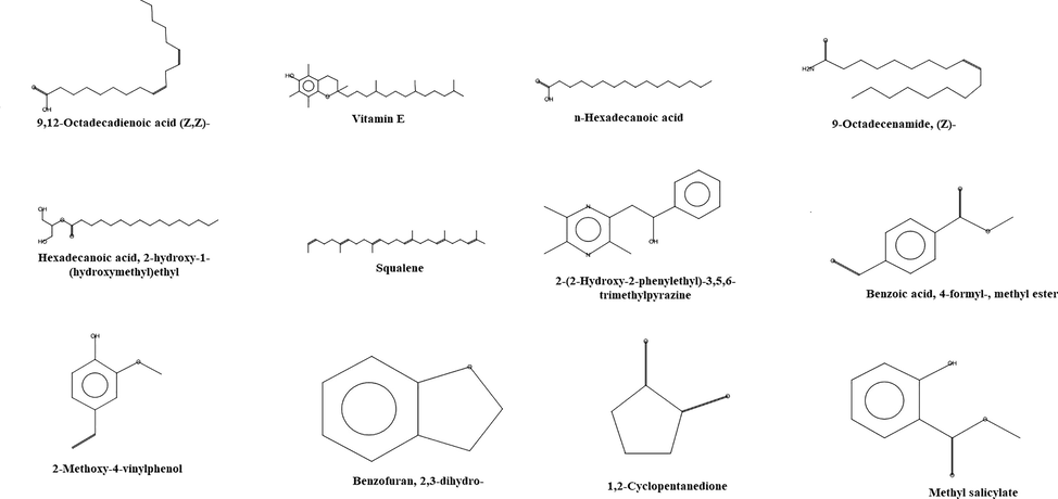 GC–MS detection of possible bioactive compounds of the cold methanolic extract of olive tree leaves.