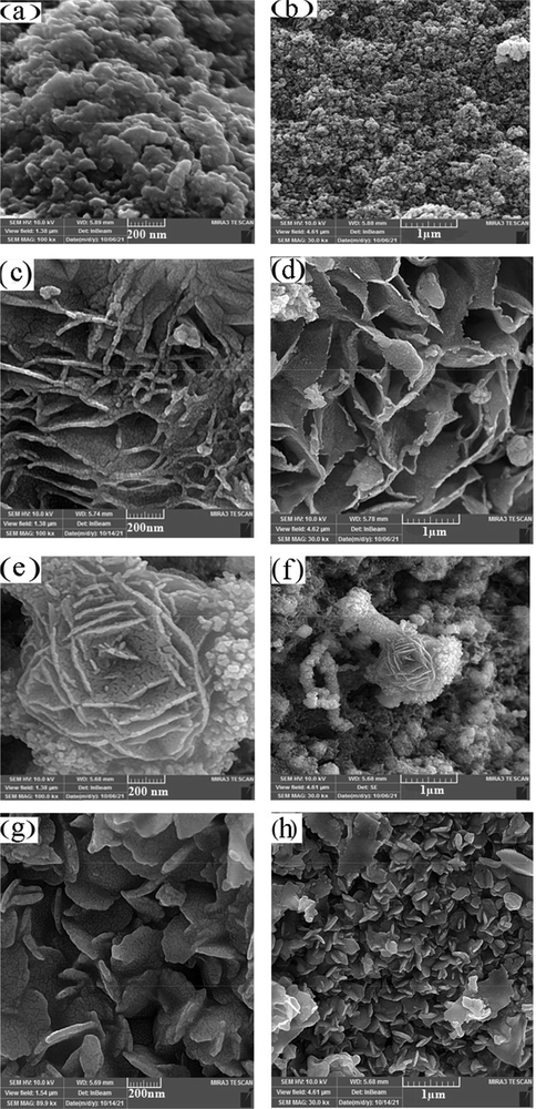 FE-SEM images of the CuInS2 (a,b) Sample 1 (Co-precipitation/SDS), (c,d) Sample 2 (Sonochemical/CTAB), (e,f) Sample 3 (Sonochemical/SDS), (g,h) Sample 4 (Sonochemical/PVP).