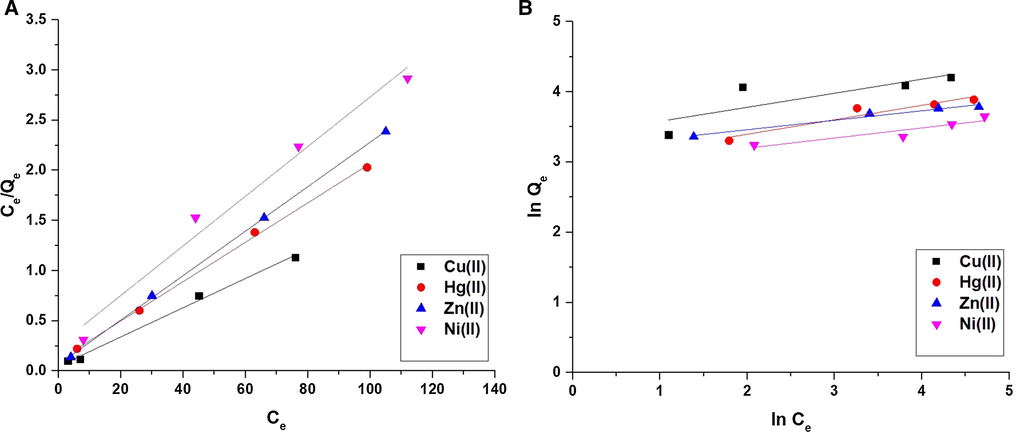 The Langmuir (A) and Freundlich (B) isotherms.