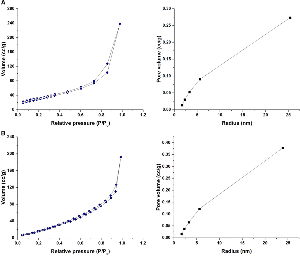 The N2 adsorption/desorption isotherms of the silica (A) and their Schiff base composite (B).