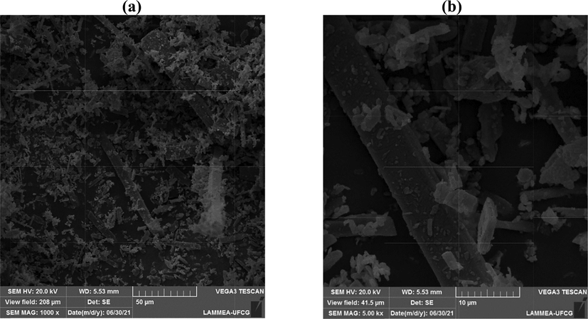 Morphologies obtained by SEM for the α-MoO3 catalyst, (a) 1000x; (b) 5000x.