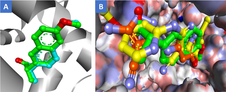 (A) Overlay of co-crystallized ligand, naproxen (green) and its redocked pose (cyan) inside the active site of COX-2 enzyme (PDB code: 3NT1); (B) Superimposition of the top docked poses of compounds 12 (yellow), 8 (orange), and naproxen (green) into the binding pocket of COX-2 where the 3D protein is shown as solvent-style surface.