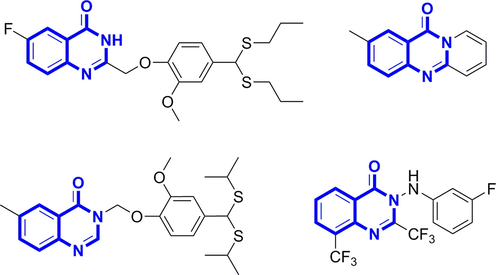 Structures of quinazolinone derivatives with antiviral and antibacterial activities.