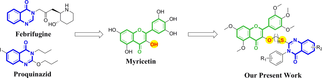 Design idea for target compounds (Febrifugine and Proquinazid are two commercial antibacterial agents that contain quinazolinone groups).