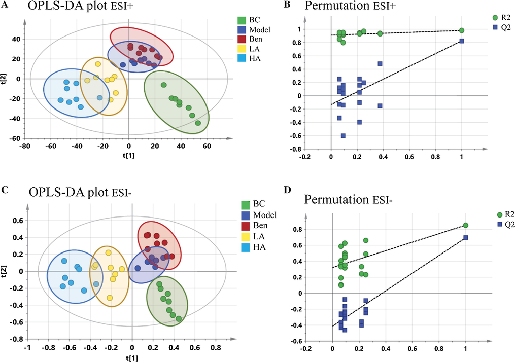 OPLS-DA plots and permutation tests for all samples. A-B, ESI + model. C-D, ESI-model.