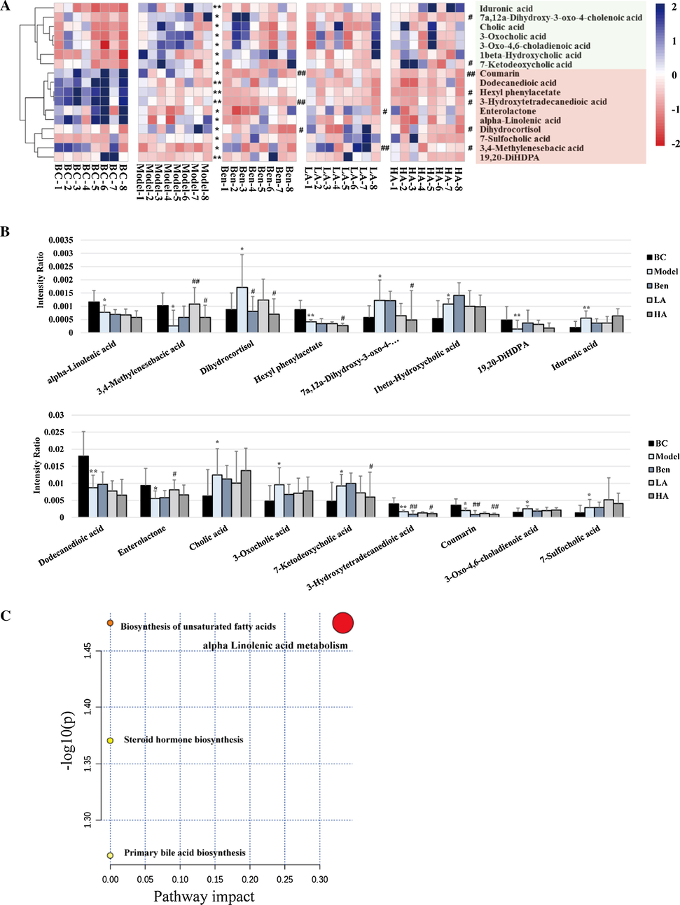 Metabolomic analysis of the effects of AMUP on HUA. A, Heatmap of differential metabolites that were altered in rats with HUA compared with normal rats. Deeper blue colored blocks represent higher content, whereas deeper red represents lower content. B, Intensity comparison of significant metabolites between the five groups. *P < 0.05 compared with BC group; **P < 0.0 L compared with BC group; #P < 0.05 compared with model group; ##P < 0.01 compared with model group. C, Summary of pathway analysis. Pathway impact value calculated from pathway topology analysis; a small P-value and large pathway impact factor indicate the pathway was significantly affected.