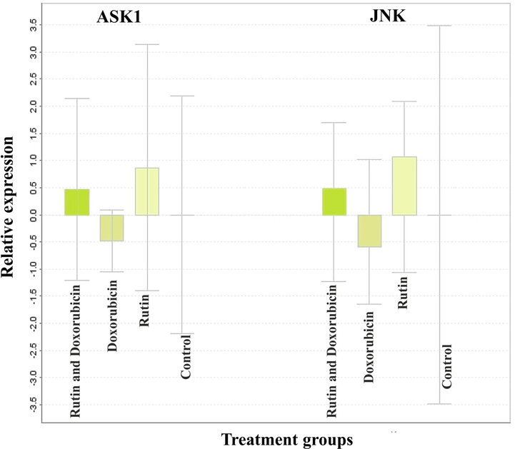 Relative quantification normally expressed as 2−ΔΔCt is usually expressed as fold change was compared with calibrator β-actin. Rutin by itself can modulate the expression of ASK and JNK, the genes involved in ER stress pathway-mediated apoptosis.