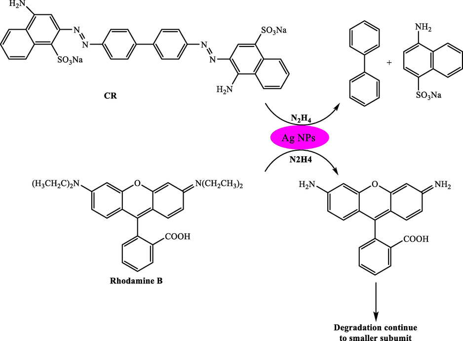 Degradation of CR and rhodamine B in the presence of hydrazine and silver nanoparticles.