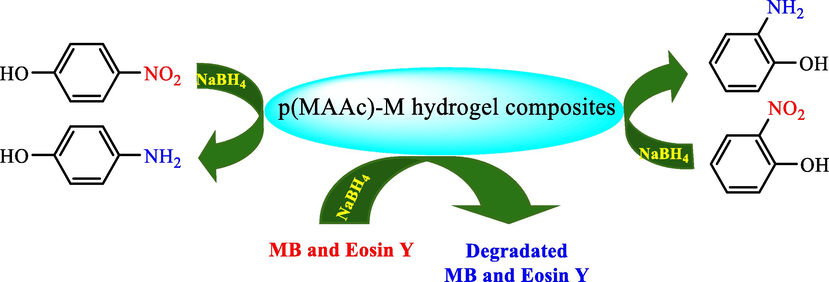 Degradation and reduction of MB, Eosin Y and 4-NP, 2-NP by p(MAAc)-M catalyst.