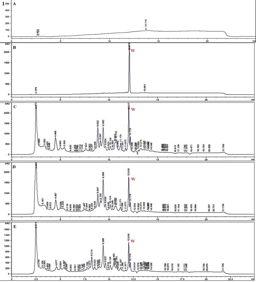 RP HPLC chromatograms of selected samples for detection (Red colour) of withametelin (1) and daturaolone (2). 1 = withametelin (W) blank (A), standard withametelin (B) LEa + EMzJune (C) LEMzJune (D) and LC + EaMzJune (E). 2 = daturaolone (D) blank (A) standard daturaolone (B) FrEa + EIJune (C), FrEa + MIJune (D) and FrA + EaIJune (E) of Datura innoxia.