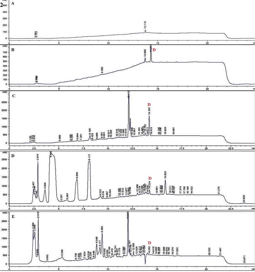 RP HPLC chromatograms of selected samples for detection (Red colour) of withametelin (1) and daturaolone (2). 1 = withametelin (W) blank (A), standard withametelin (B) LEa + EMzJune (C) LEMzJune (D) and LC + EaMzJune (E). 2 = daturaolone (D) blank (A) standard daturaolone (B) FrEa + EIJune (C), FrEa + MIJune (D) and FrA + EaIJune (E) of Datura innoxia.