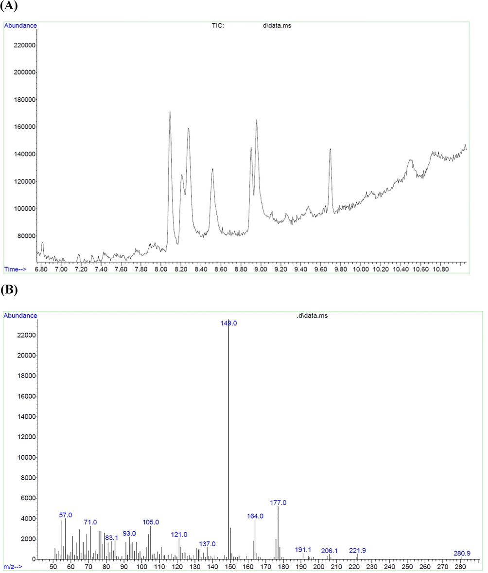 GC/MS of flower extract of D.sophia. (A) Chromatogram of abundance versus RT (min), (B) Chromatogram of abundance versus m/z.