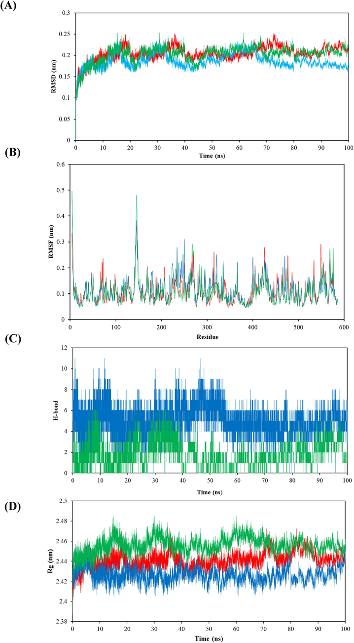 Molecular dynamics simulation results. (A) RMSD values for α-Glc free, α-Glc-DES complex, and α-Glc-ACR complex during 100 ns molecular dynamics simulation. (B) RMSF of residues of α-Glc free, α-Glc-DES complex, and α-Glc-ACR complex all amino acids. (C) The number of hydrogen bonds between α-Glc-DES complex, and α-Glc-ACR complex for 100 ns. (D) Rg values for the α-Glc free, α-Glc-DES complex, and α-Glc-ACR complex during 100 ns MD simulation. The red, blue, and green colors represent α-Glc free, α-Glc-DES complex, and α-Glc-ACR complex, respectively.