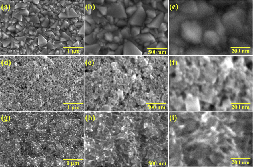 FESEM images of (a-c) bare FTO, (d-f) ITONPs-FTO, (g-i) PANI-ITONPs-FTO electrode at different magnifications.