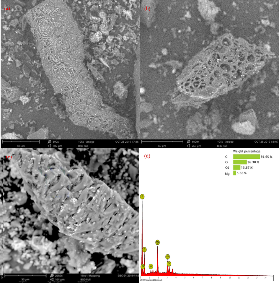 Biochar obtained only by calcination (a); before Cd(II) adsorption by MgO-AC (b); after adsorption (c); EDS image after adsorption (d).