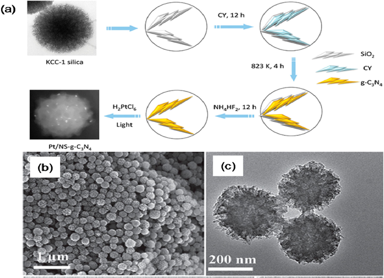 (a) Synthetic strategy, and (b, c) Scanning electron microscopy and TEM images of hierarchical g-C3N4 microspheres. Reprinted with permission from Zhang (2014).