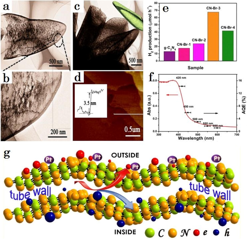 (a, b) The enlarged TEM pictures of a singular g-C3N4 tube. (c) TEM pictures of CN-Br-3, (d) AFM imaging and diameter of g-C3N4 tubes shell. (e) the estimated rate ratios for HER of pristine g-C3N4 and CN-Br-X. (f) AQE and DRS spectra of CN-Br-3. (g) Graphical representation for the peculiar spatially charges isolation of g-C3N4 tubes in the photocatalytic reaction. Reprinted with permission from Liu (2017). Copyright © 2017, Elsevier.