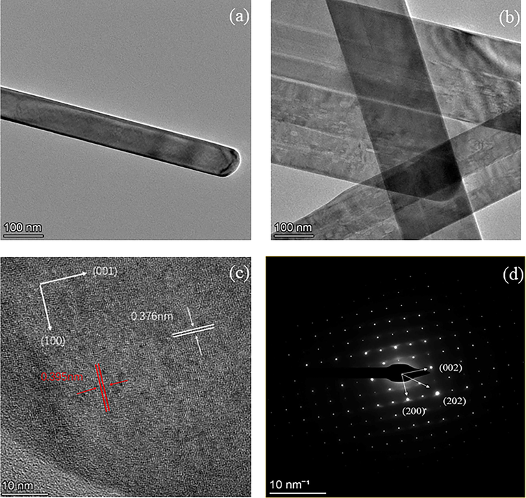 (a) TEM image of an individual α-MoO3 nanobelt (b) TEM images of multiple MoO3 nanobelts (c) HRTEM image of lattice fringes (d) the selective area electron diffraction pattern.