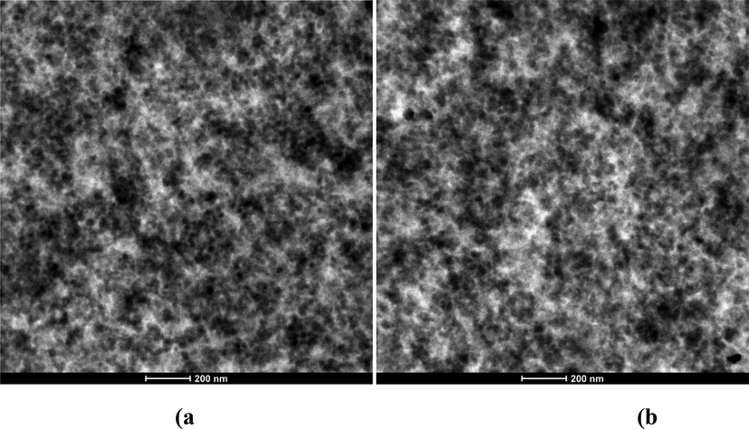 TEM images showing the silica dispersion of compounds collected from cured compound at 36,000× magnification: (a) Si-50, (b) RHS-50.