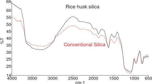 Fourier transform infrared (FTIR) spectra for rice husk silica and conventional silica.