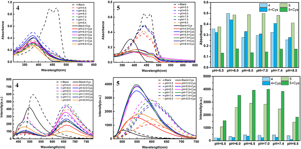 Photophysical properties of compounds 4 and 5 (100 μM) at different pH values; Histogram: Changes of the maximum absorbance and fluorescence intensity of the probe at different pH conditions.