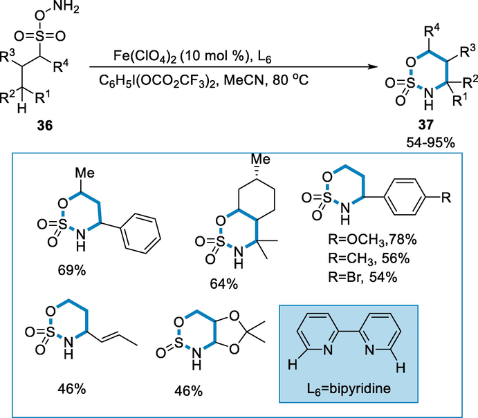 Intramolecular C-H amination of sulfamate esters catalyzed by iron.