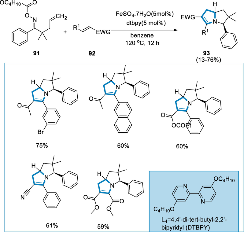 Iron-catalyzed cycloaddition reaction for the synthesis of tetrahydropyrrolizines.