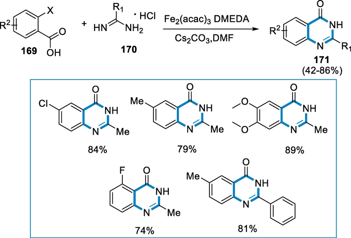 Microwave-assisted iron-catalyzed cyclization for the synthesis of quinazolinone.