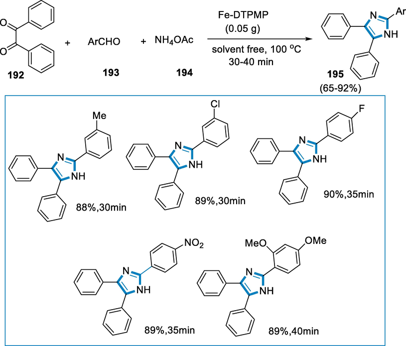 Synthesis of trisubstituted imidazole derivatives by using an iron catalyst.