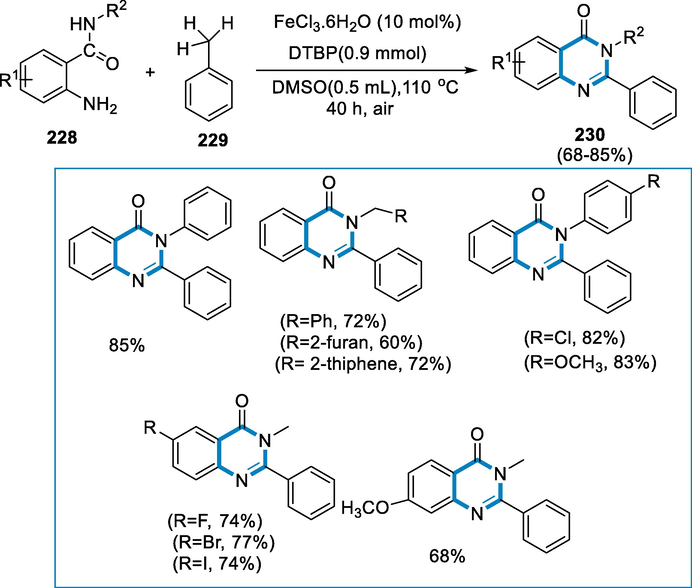 Synthesis of quinazolinones by cross-dehydrogenative coupling using iron catalyst.