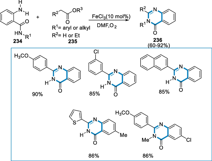 Iron-catalyzed aerobic oxidative functionalization of the C(sp3)-H interaction for the synthesis of 2-substituted quinazolin-4(3H)-ones.