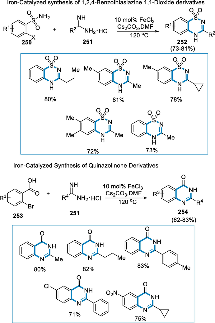 Iron-catalyzed production of quinazolinone and benzothiadiazole-1,1-dioxide derivatives.