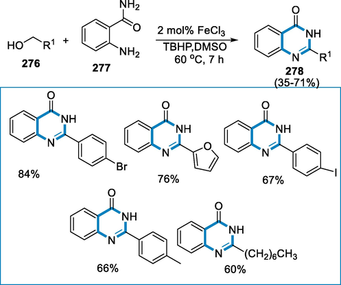 Synthesis of quinazolinone derivatives using an iron-catalyzed one-pot oxidative method.