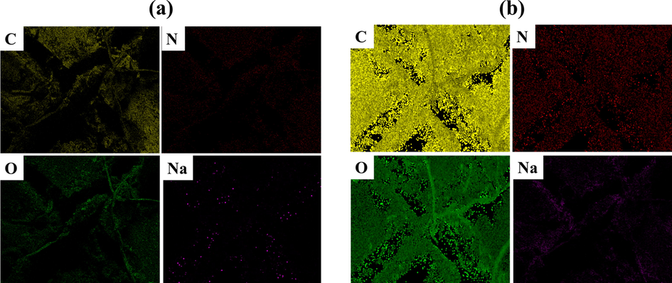 Elemental mapping for the scratched area of (a) ULHNT COAT and (b) LHNT COAT.