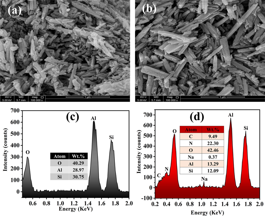 SEM micrographs of (a) unloaded HNT and (b) loaded HNT and EDX of (c) unloaded HNT and (d) loaded HNT.