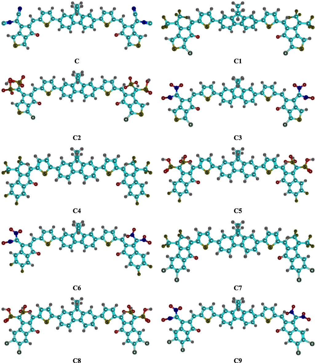 Optimized geometries of reference C and designed C1-C9 molecules.