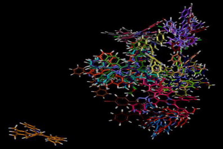 Overlap of bound complexes of compounds (5a-5x) showing overlap in the hotspot 5a (grey), 5b (pink), 5c (yellow magenta), 5d (beige), 5e (mustard), 5f (baby pink), 5g (purple), 5h (brown), 5i (green), 5j (orange), 5k (parrot green), 5l (olive green), 5m (mauve), 5n (reddish brown), 5o (chocolate brown), 5p (pearly purple), 5q (ink blue), 5r (navy blue), 5s (dirty green), 5t (red), 5u (dark purple), 5v (see green), 5w (shocking pink), 5x (sky blue) and eserine (black).