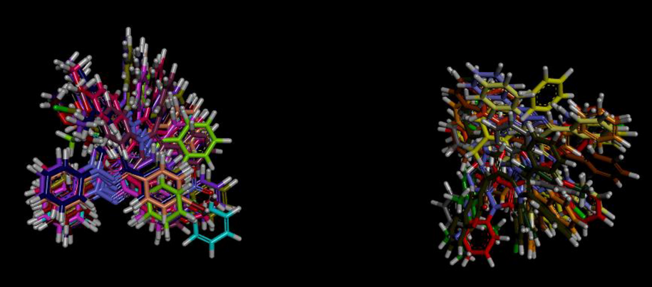 Overlap of bound conformations of compounds 5a-5j showing overlap in two clusters in the binding pocket 5a (grey), 5b (lemon yellow), 5c (magenta), 5d (pearly purple), 5e (parrot green), 5f (brown), 5g (dirty green), 5h (sky blue), 5i (mustard), 5j (purple), 5k (mauve), 5 l (chocolate brown), 5m (navy blue), 5n (orange), 5o (black), 5p (beige), 5q (shocking pink), 5r (reddish brown), 5s (baby pink), 5t (dark purple), 5u (olive green), 5v (red), 5w (dark green), 5x (yellow) and eserine (green).