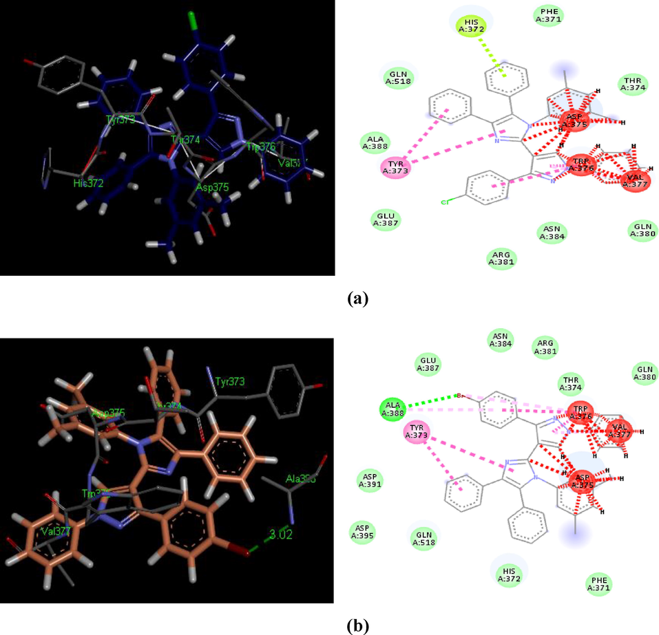 3D and 2D depictions of docked ligands – 5m (a) and 5p (b): demonstrating H-bond (light green), unfavorable bump (red), π-alkyl (light pink), amide π-stack (pink) and π-π T-shaped (shocking pink) contacts inside a binding pouch of the BChE (PDB ID: 4BDS).